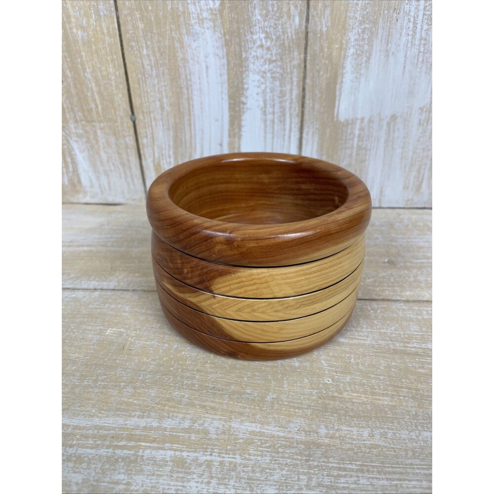 Vintage Handmade Round Wooden Nut Candy Bowl Artist Signed Mix Color Wood